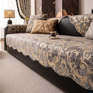 housse canapé polyester antidérapante motif floral baroque noir bleu doré marron