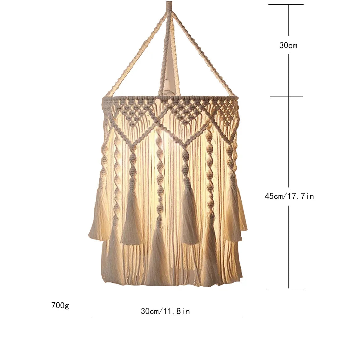 lampe suspendue macramé boho franges coton main beige clair décorative artisanale