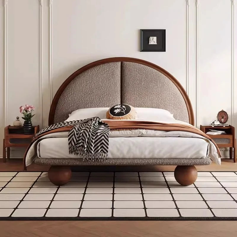 lit moderne 180x200cm bois brun clair tissu beige oreiller couverture draps chambre coucher