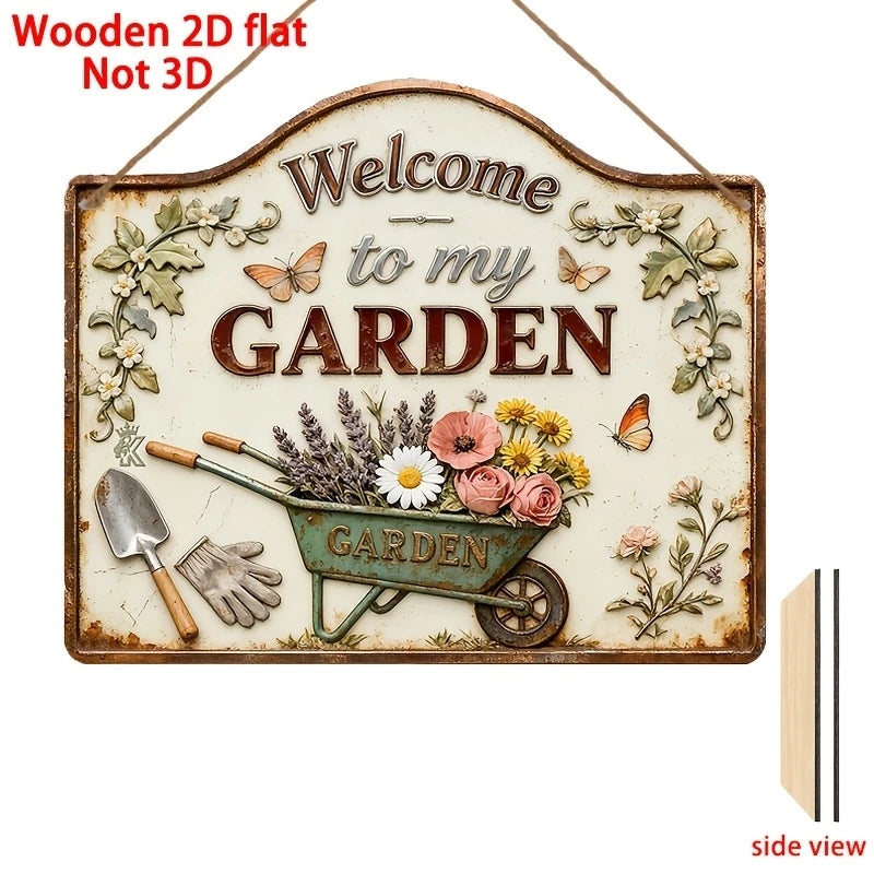 plaque bois décorative jardin fleurs outils vintage rustique bienvenue couleurs pastel