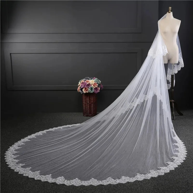voile mariée double couche dentelle blanche crème bordure élégante clips métalliques translucent classique femme