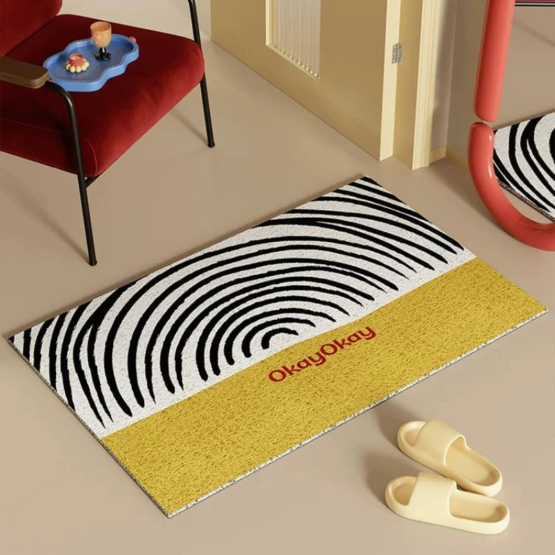 tapis moderne antidérapant entrée salon bleu noir blanc rouge marron points lignes horizontales polyester