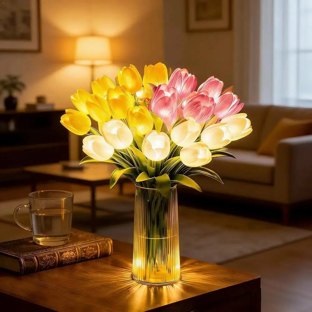 bouquet tulipes artificielles jaune blanc rose vase transparent moderne élégant intérieur mariage festif