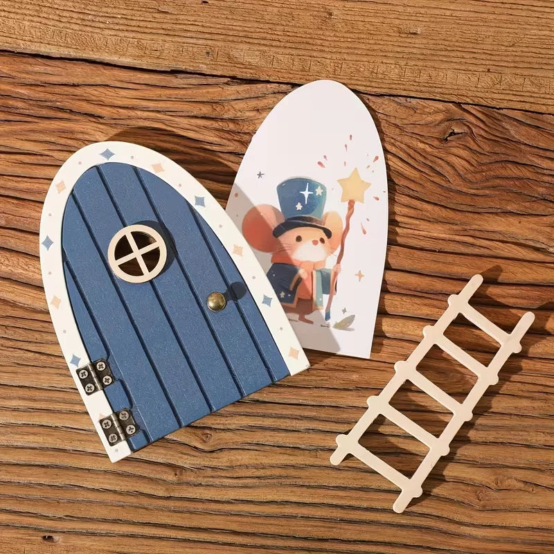 décoration enfantine contes fées miniatures portes souris chapeaux illustrations bleu jaune rose