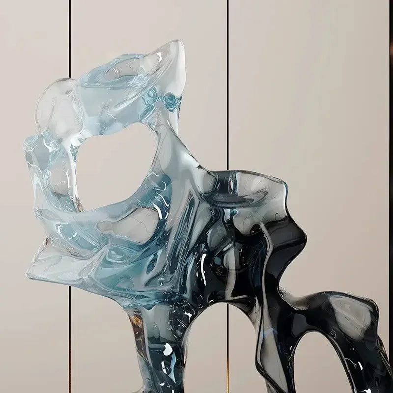 sculpture décorative abstraite moderne bleu clair noir transparent lumière reflétée living room ambiance chambre