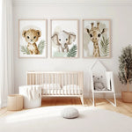 Toile d'art animaux safari illustration girafe éléphant lionceau verte chambre enfant sans cadre 30x45cm