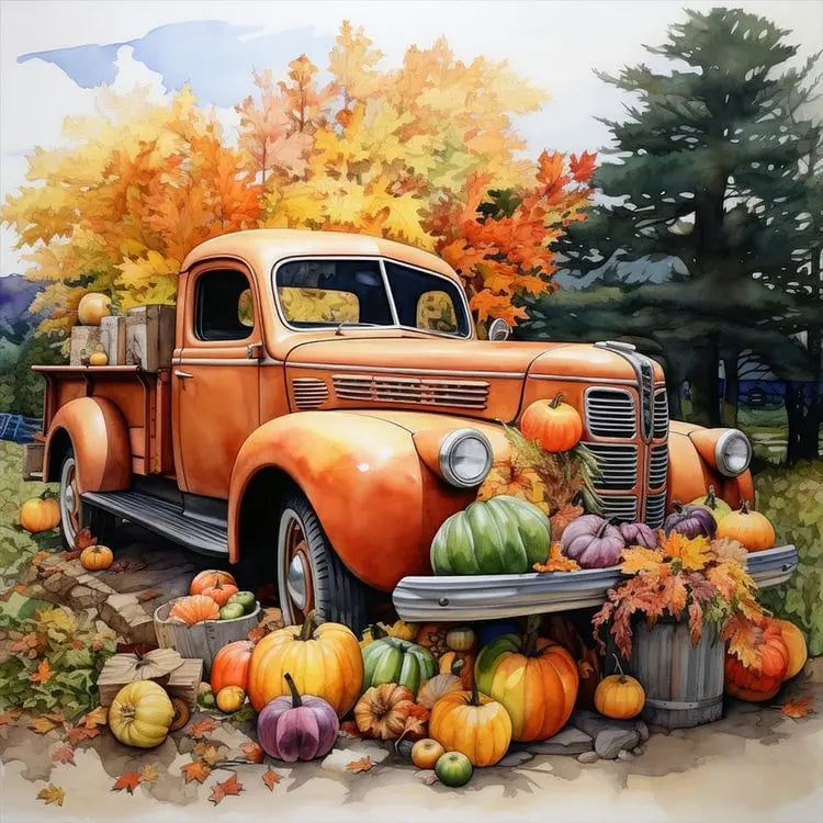 tableau brodé paysage automnal camion citrouilles feuilles d'érable 11CT 14CT toile coton broderie