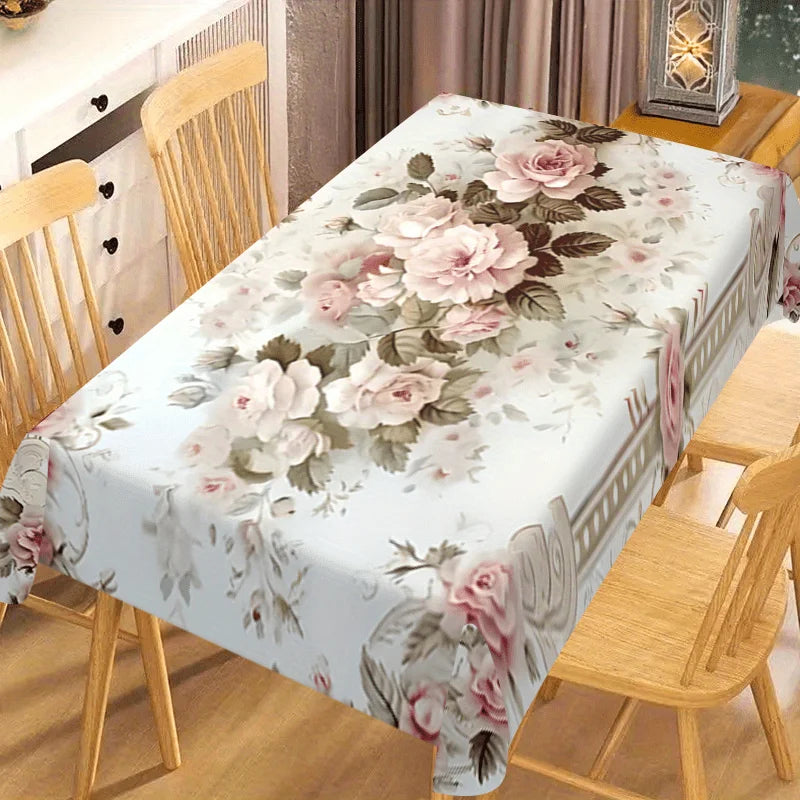 nappe table fleurs roses feuilles vertes blanc classique réutilisable polyester maison printemps