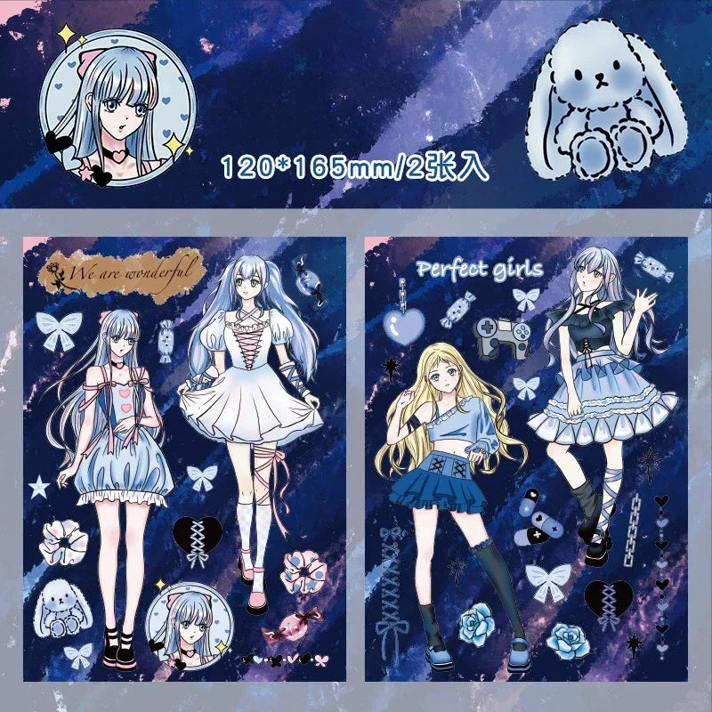 autocollants manga personnages textes confettis bleu violet noir blanc opaques scrapbooking álbum journal intime