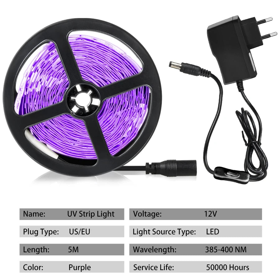 bande lumineuse led uv 12v 5m spirale violet moderne cosmétiques billets linge pierres
