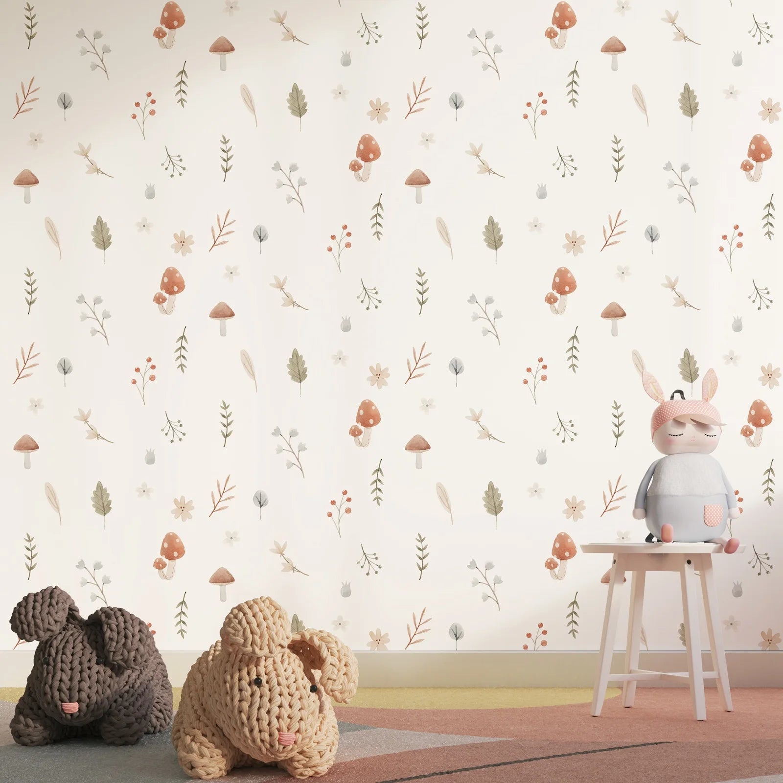 Papier peint adhésif non tissé blanc motifs feuilles pour chambre de fille