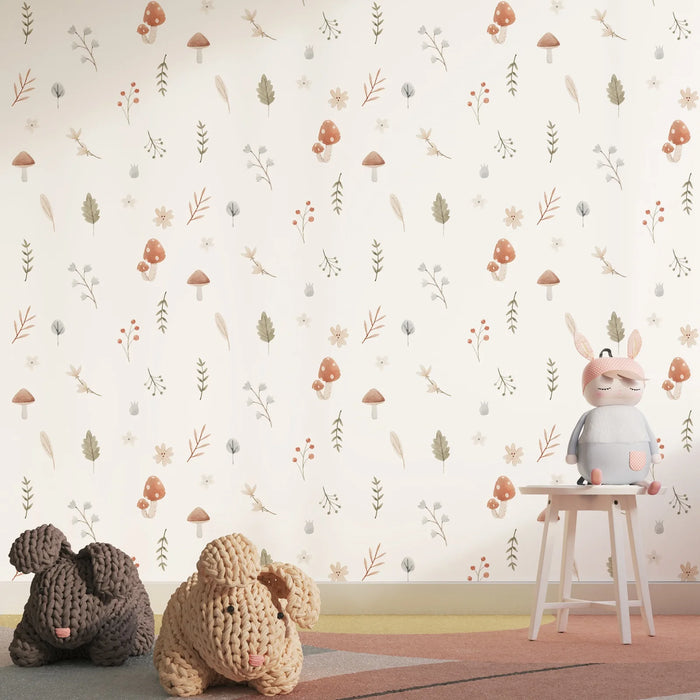 Papier peint adhésif non tissé blanc motifs feuilles pour chambre de fille