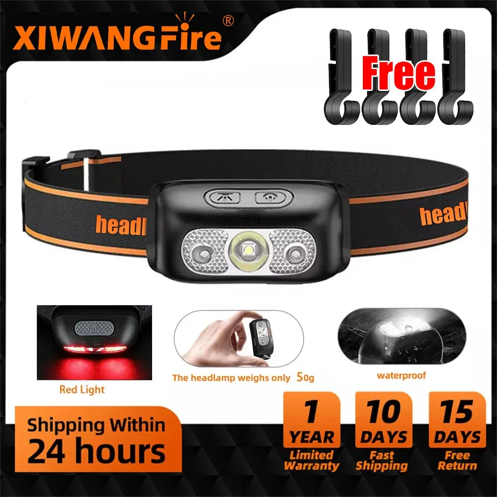 lampe frontale rechargeable led puissante noire orange ceinture ajustable contrôle tactile différents