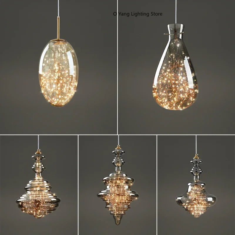 suspension lumineuse moderne transparente dorées câble suspendu élégante led trois couleurs chambre principale
