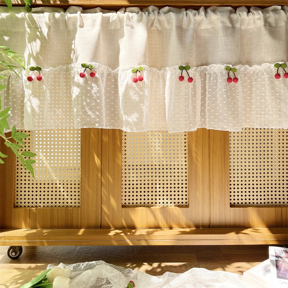 rideau blanc pois cerises relief polyester translucide decoratif rustique cuisine chambre fenetre