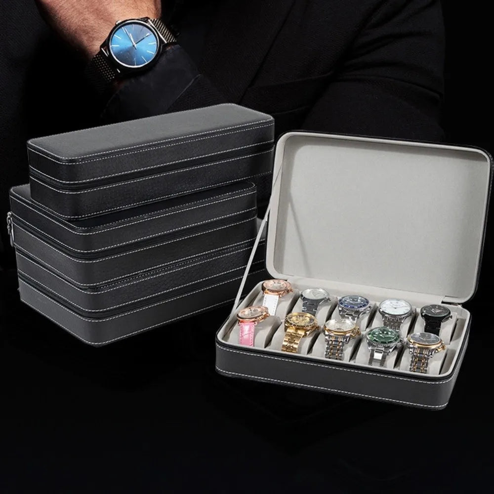 boîte montres simili cuir moderne 10 compartiments noir gris élégante étanche cordon serrage