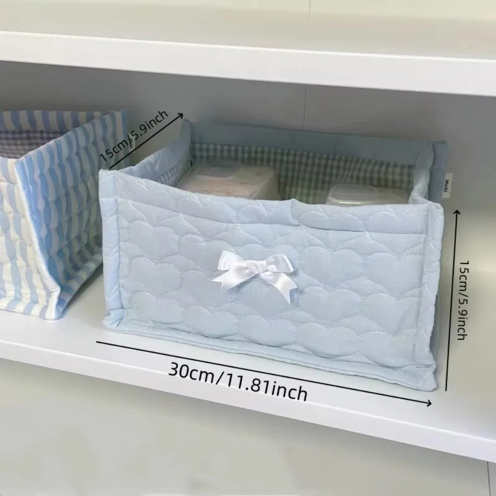 paniers rangement coton pois carreaux rayures ours rose clair blanc bleu clair beige texturé
