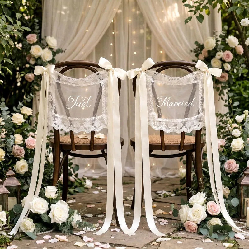 décoration mariage just married rubans satin dentelle romantique vintage chaise anniversaire festivitésscrição