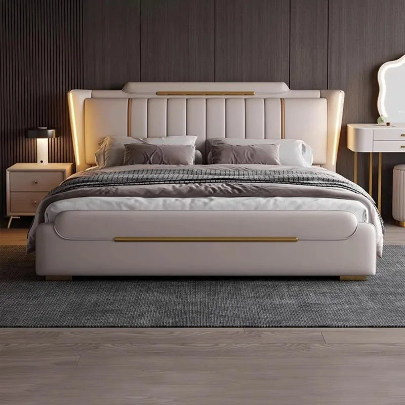 lit moderne bois simili cuir beige vertical doré intérieur 150cmextérieur 168cmhauteur 117cmlongueur 225cm