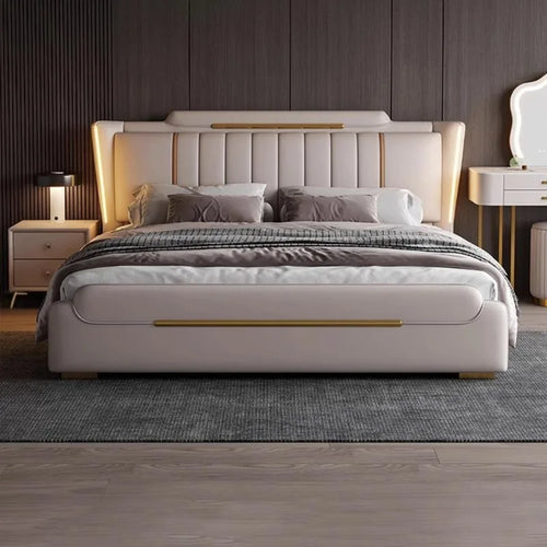 lit moderne bois simili cuir beige vertical doré intérieur 150cmextérieur 168cmhauteur 117cmlongueur 225cm