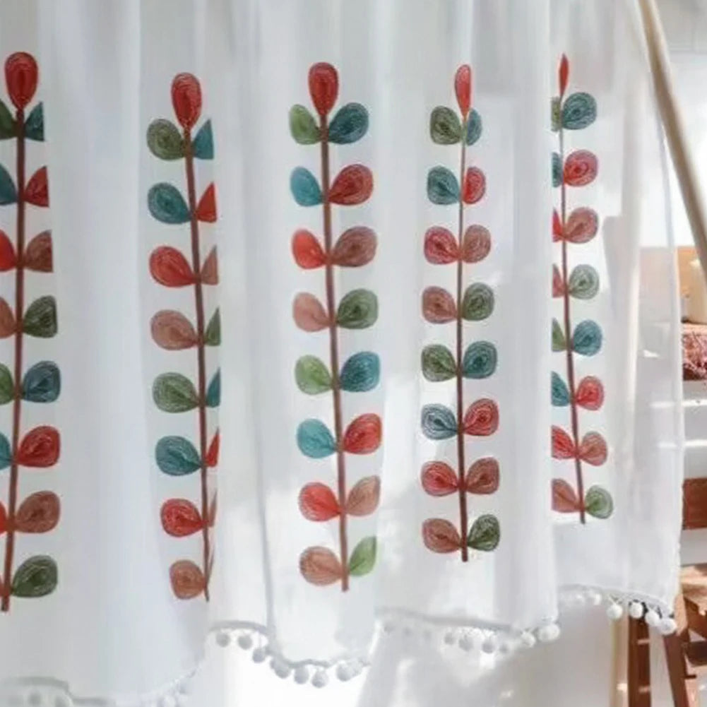 rideau blanc feuilles brodées pastorale polyester fenêtre décorative rustique translucent 150x60cm