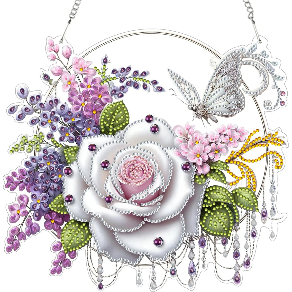 décoration murale artisanale peinture diamant motif floral violet blanc doré vert rose