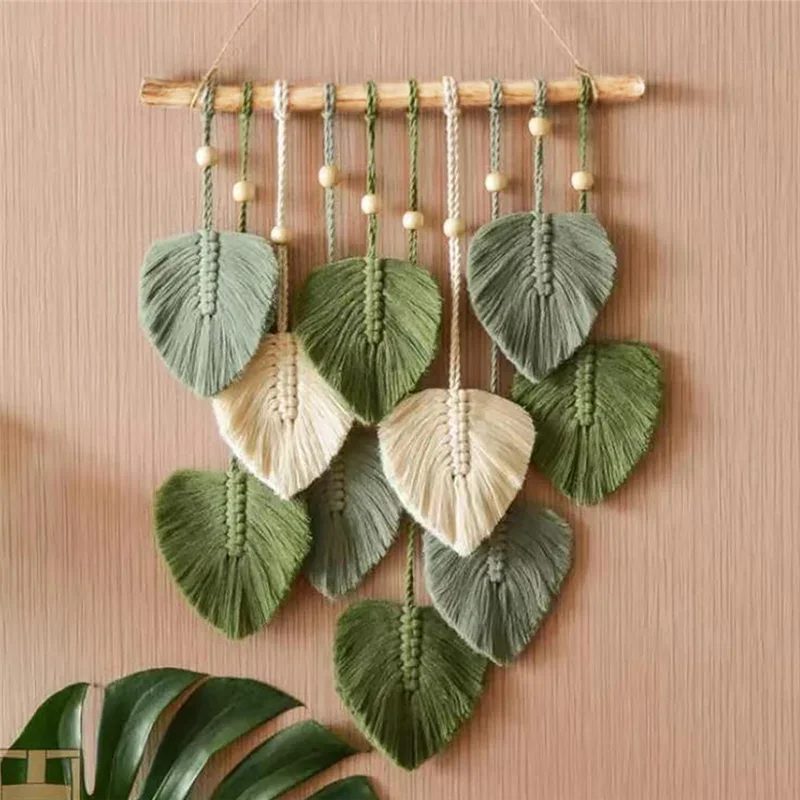 décoration murale boho vert feuilles macramé tissage crochet naturel chambre mariage