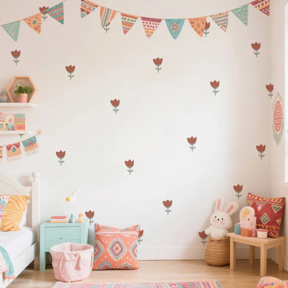 sticker mural minimaliste enfantin fleur simple rose clair rouge vert pastel décoration chambre fille