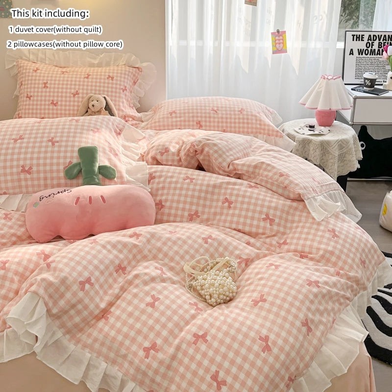ensemble literie rose clair carreaux blanc moderne 150x200cm 168x229cm 229x240cm