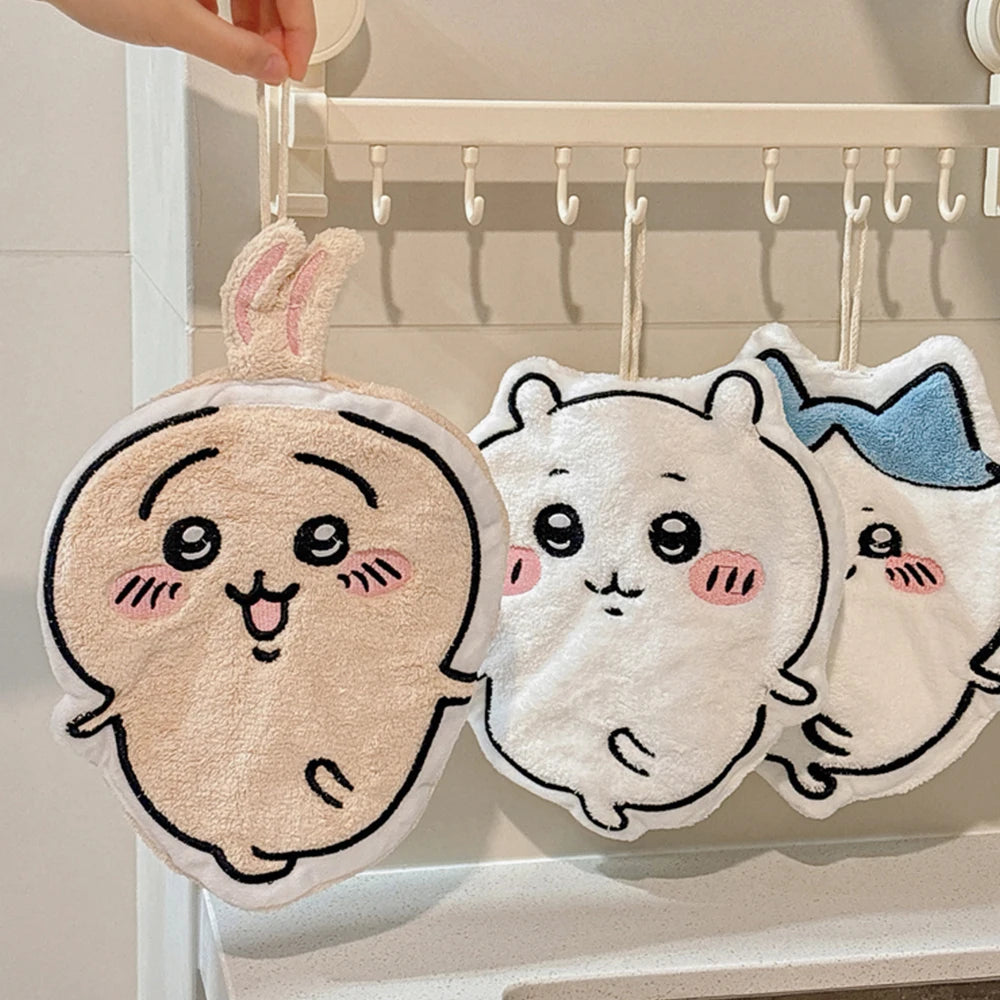 serviettes main décoratives kawaii blanc beige bleu personnage souriant oreilles lapin