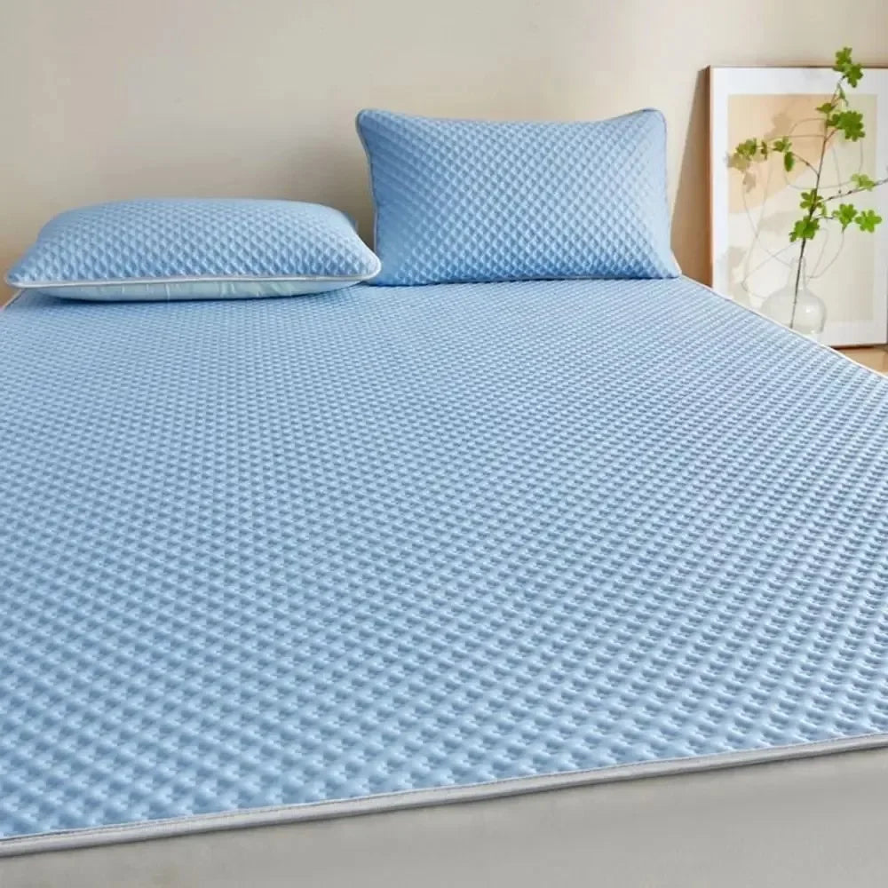 drap plat bleu clair motif carrés moderne coton polyester lit adulte été sensation douce