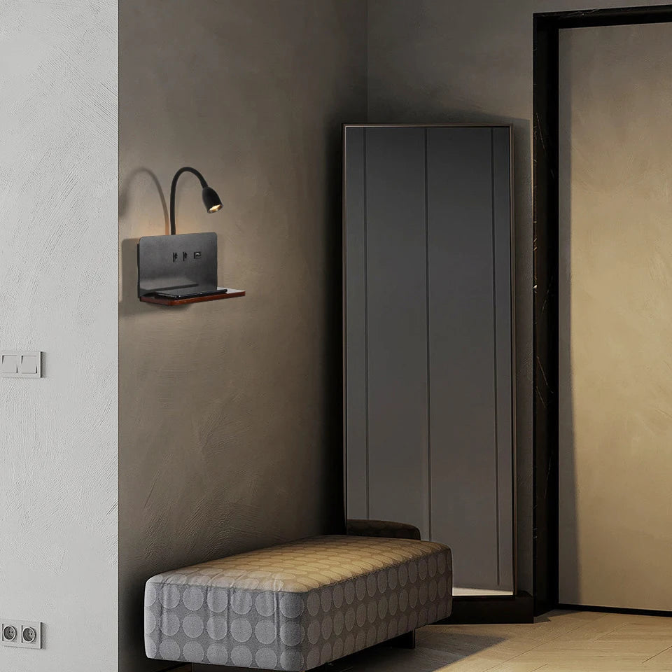 lampe murale moderne chargeur sans fil étagère intégrée LED noir blanc