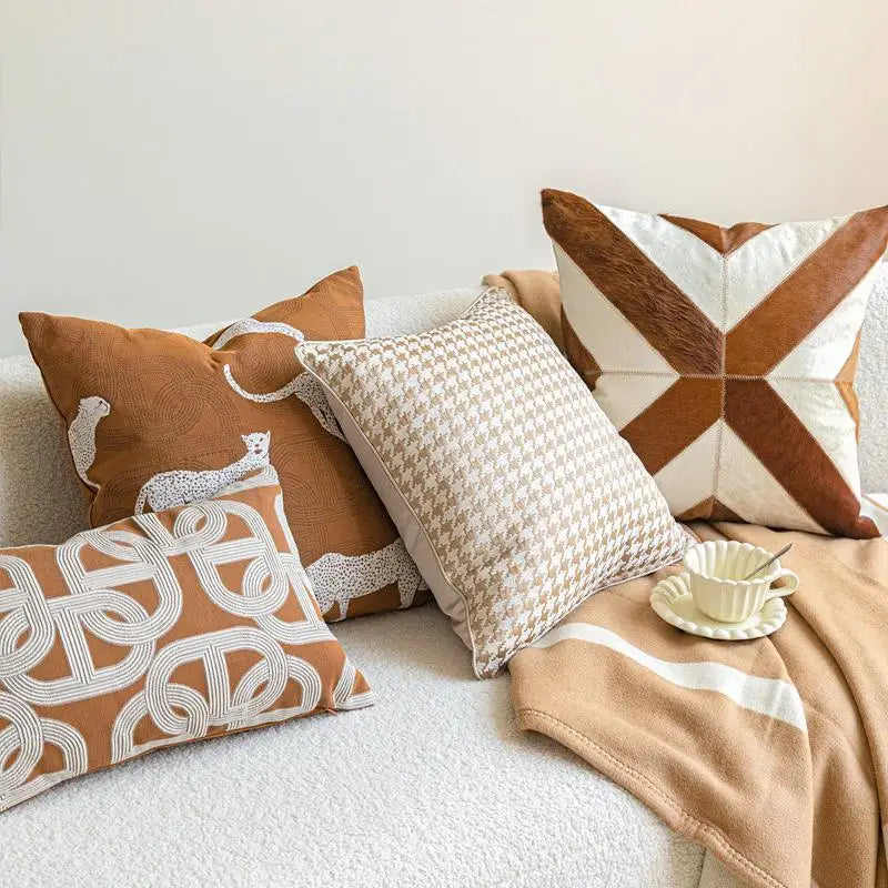 coussins brodés jacquard géométrique moderne marron clair beige nordique polyester face simplecoration voiture