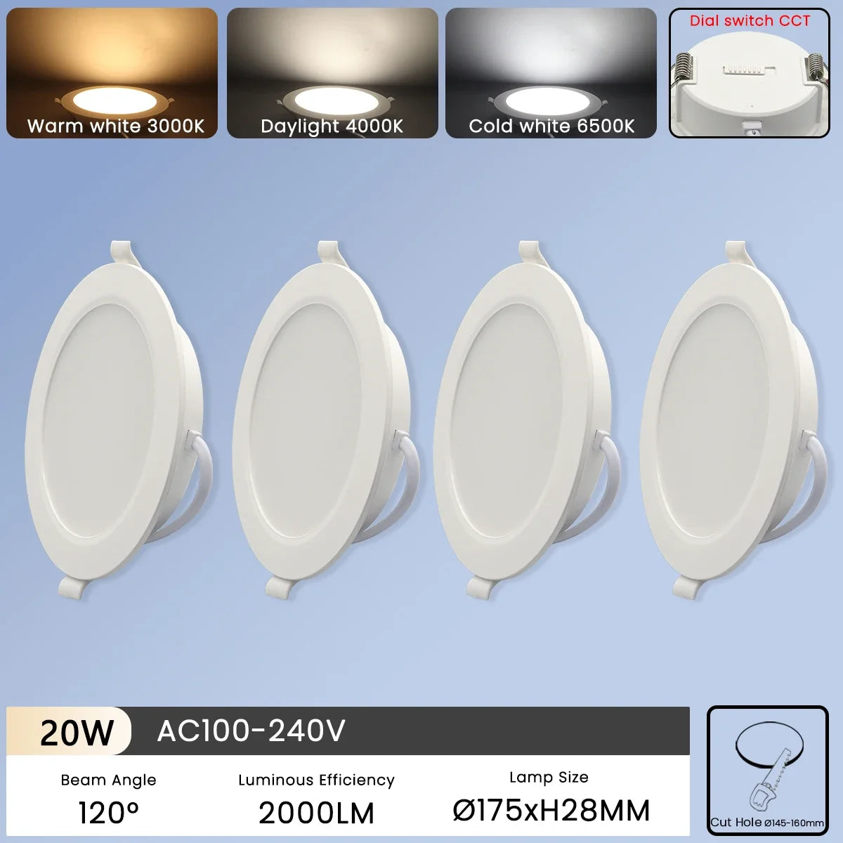 spots led encastrables blancs modernes 120° clips fixation 100lm/w 10w 24w 2.5c 8c
