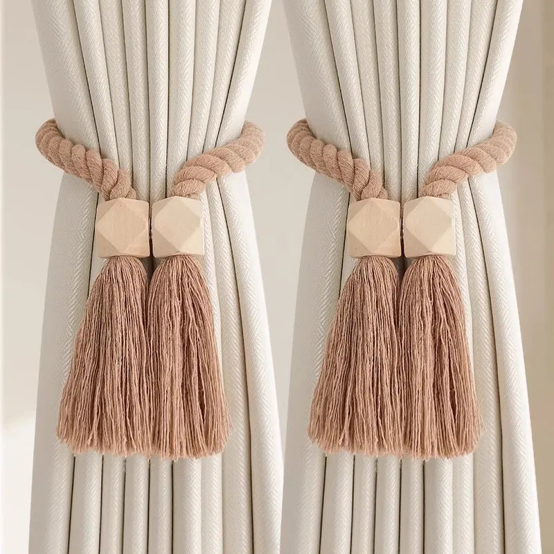 attaches rideaux tressées franges bohèmes bois cubes décoratifs beige naturel rustique