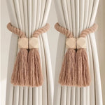 attaches rideaux tressées franges bohèmes bois cubes décoratifs beige naturel rustique