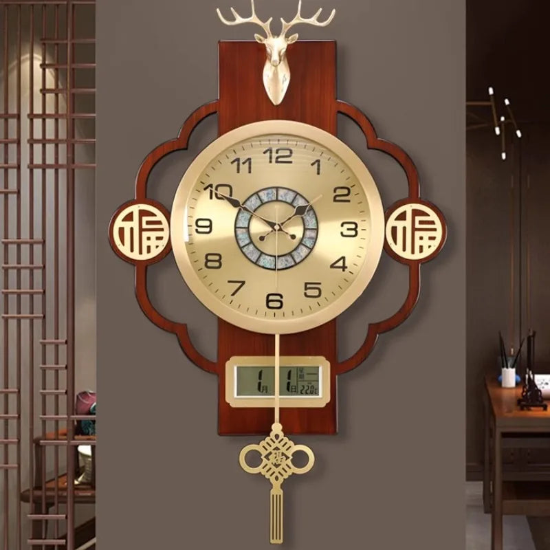 horloge murale décoration asiatique motif géométrique cadran analogique éléments décoratifs métal doré chambre salon