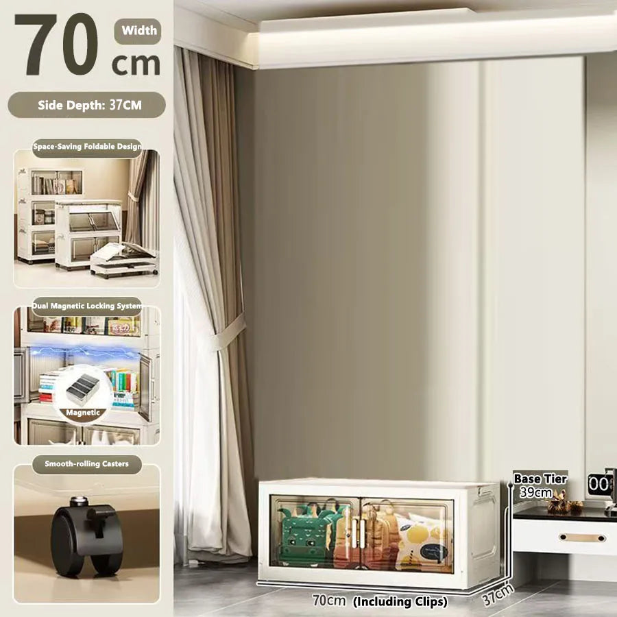 meuble rangement modulable blanc roulettes portes transparentes rayures verticales modernes