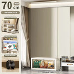 meuble rangement modulable blanc roulettes portes transparentes rayures verticales modernes
