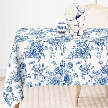nappe table rectangulaire polyester bleu blanc motif fleurs classique décoration mariage maison