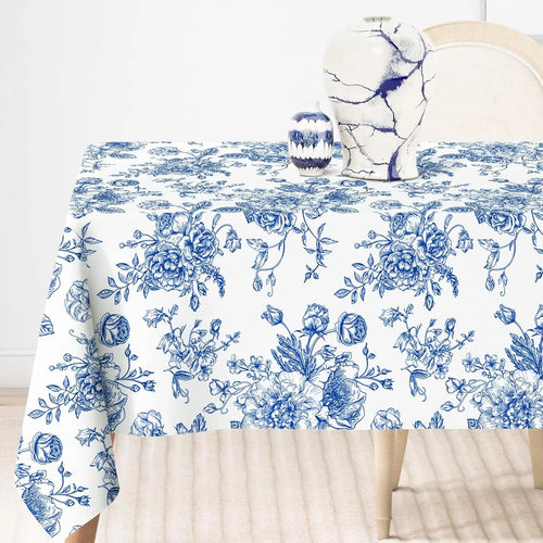 nappe table rectangulaire polyester bleu blanc motif fleurs classique décoration mariage maison