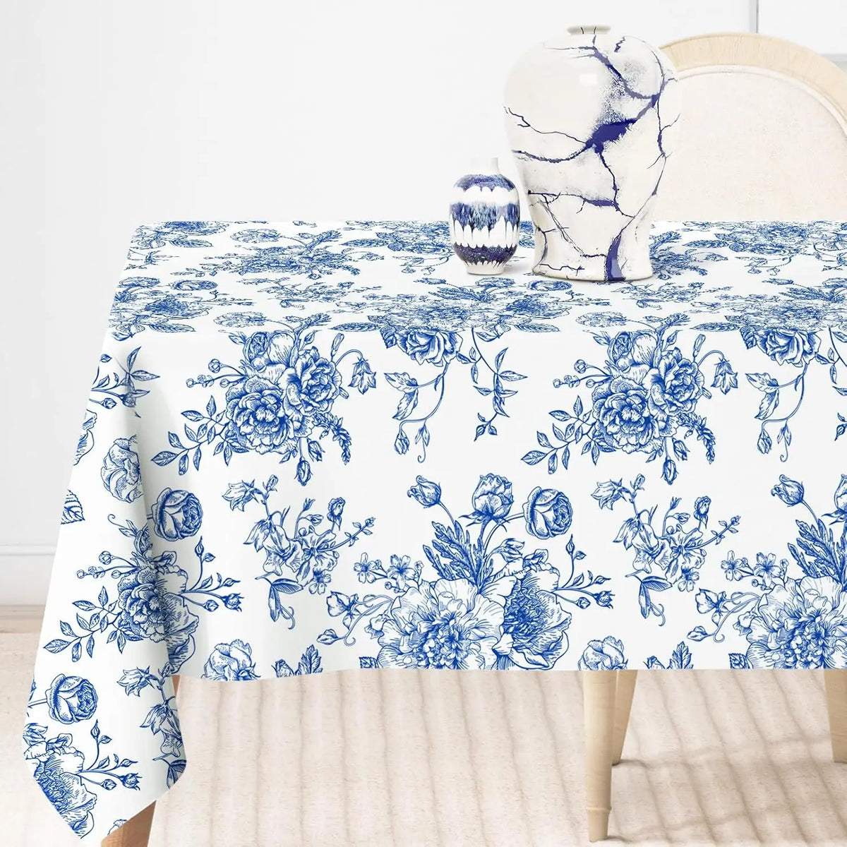 nappe table rectangulaire polyester bleu blanc motif fleurs classique décoration mariage maison