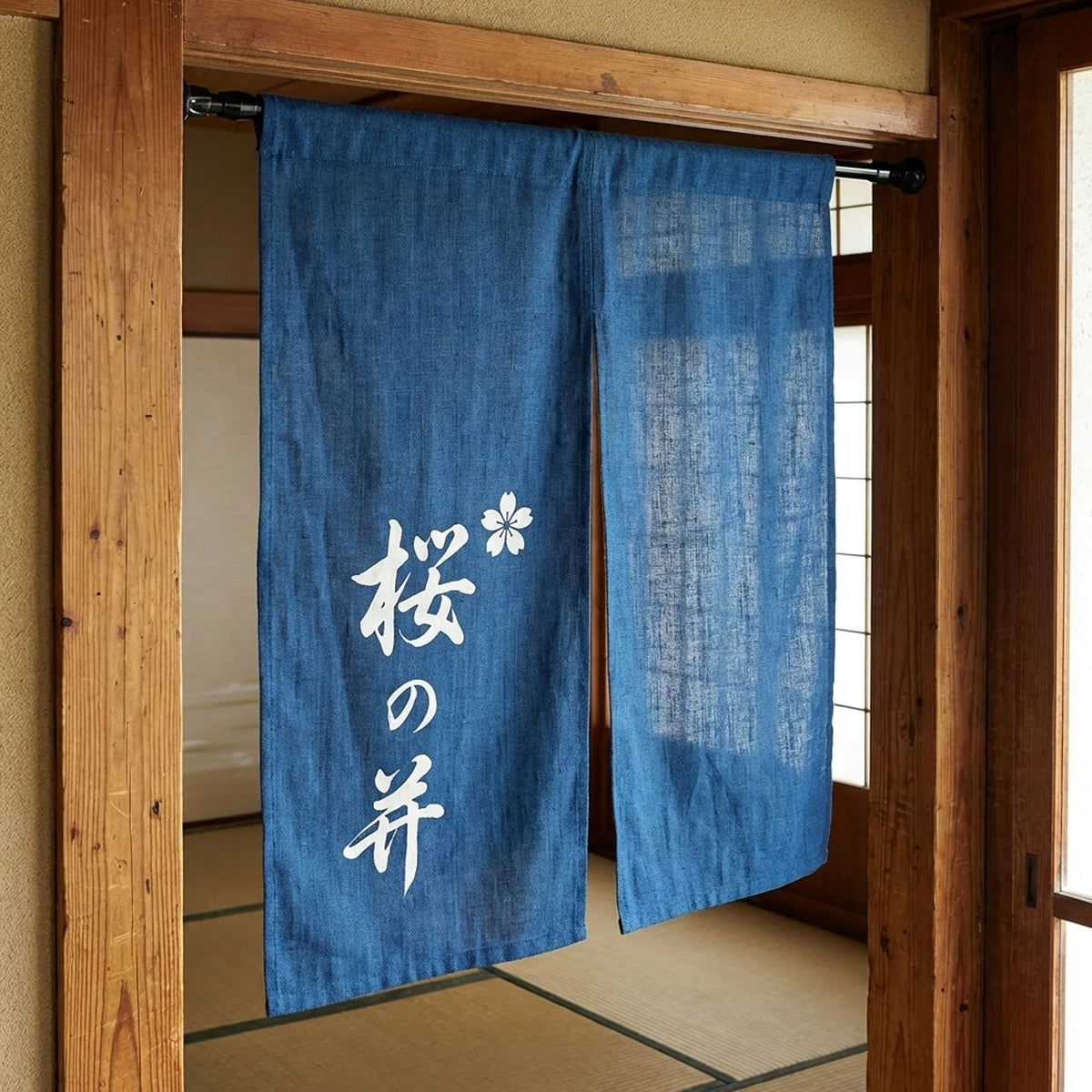tringle métallique rideau japonais semi transparent bleu foncé motifs floraux mont fuji grues calligraphie