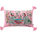 housse coussin scénique imprimé motif oriental cavaliers pagodes animaux moderne bleu rouge vert noir