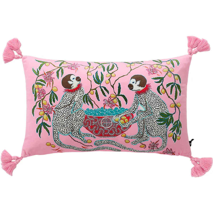 housse coussin scénique imprimé motif oriental cavaliers pagodes animaux moderne bleu rouge vert noir