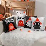 housse coussin halloween fantômes crânes chapeaux sorcière noire blanche orange adhésive carrée polyester 40x40cm