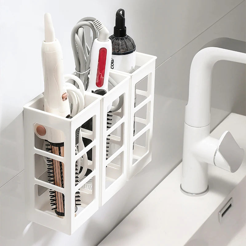organisateur mural blanc transparent sèche cheveux boucleur fer lisser coiffeur rangement minimaliste multiple