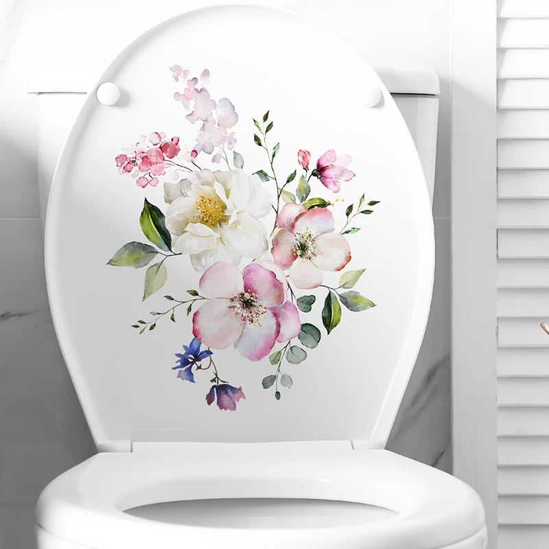 cache wc blanc fleurs roses blanches violettes feuilles vertes adhésif salle bain toilettes salon