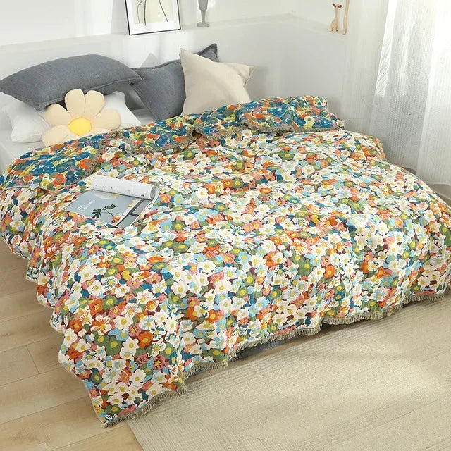 couverture coton boho chic motif floral orange bleu beige printemps automne anti boulochage utilisation