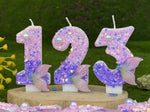 bougies numéraires paillettes sirène violet doré anniversaire décoration gâteau thème pois queue poisson festive